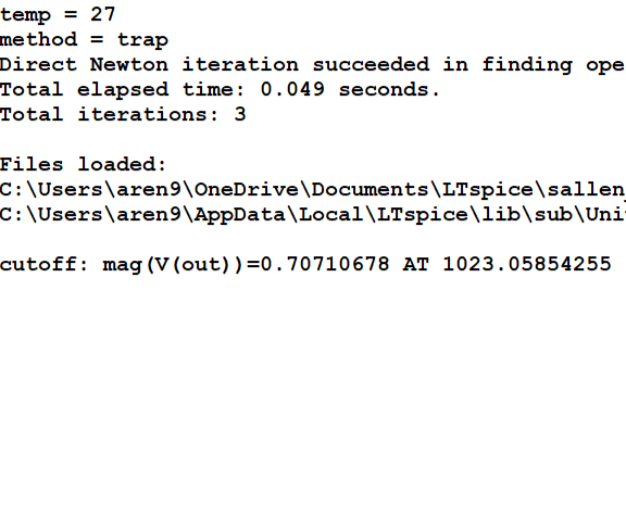 Enlarged line from the LTspice log: cutoff: mag(V(out)) = 0.70710678 at 1023.05854255 Hz