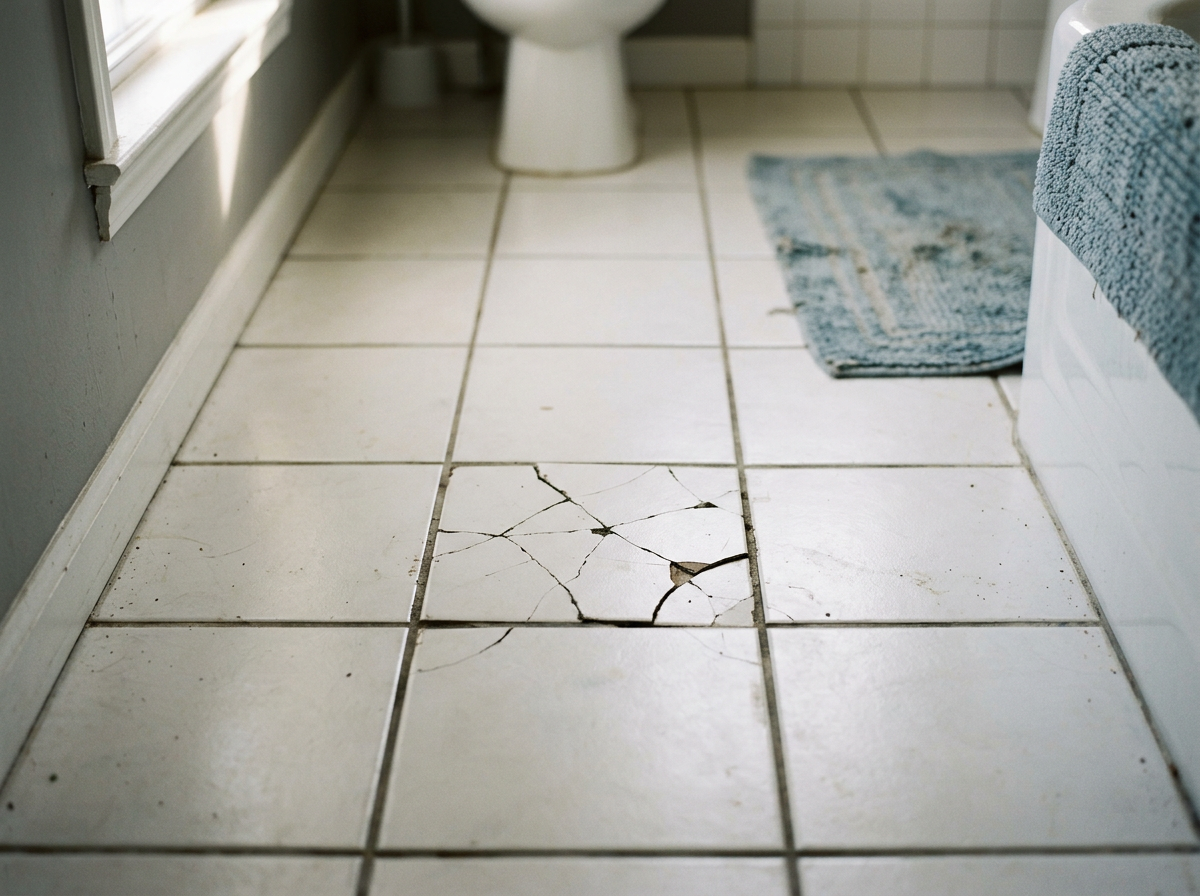 White tiled bathroom floor with one cracked tile; a toilet is visible in the background; a blue bath mat is on the right side with part of a washing machine partially visible.