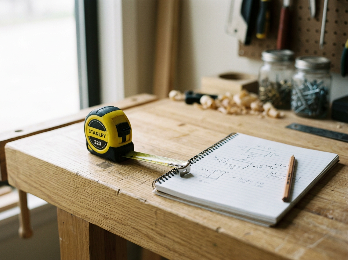 A woodworking workspace featuring a wooden workbench with a tape measure extended across a notebook with sketches and calculations, a pencil, and jars of nails and screws in the background.