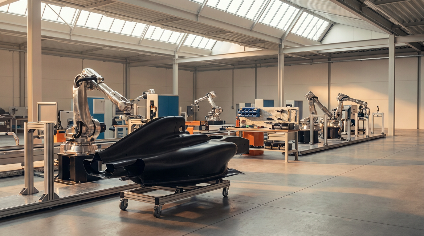 Robotics manufacturing facility with multiple robotic arms and vehicle parts, including a black aerodynamic component on a rolling cart, under a large skylight ceiling.
