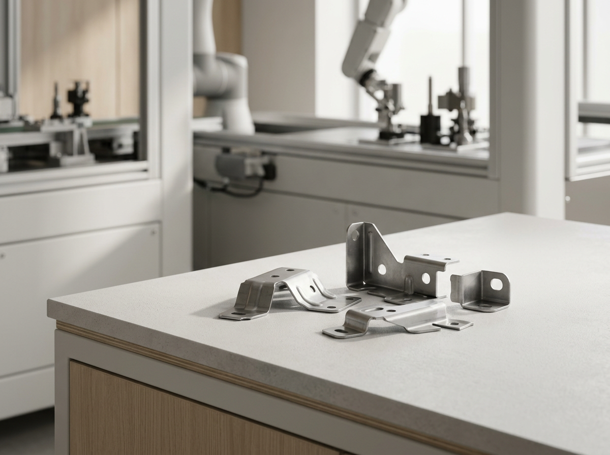 Metal brackets on a white countertop in an industrial or workshop setting.