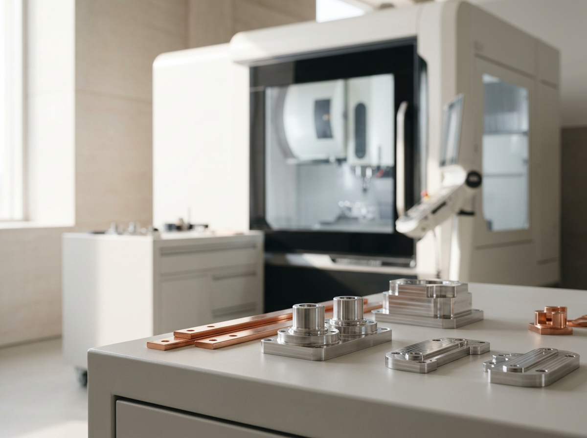 A clean laboratory workspace with metal and copper components on a white table, with a large industrial machine in the background.