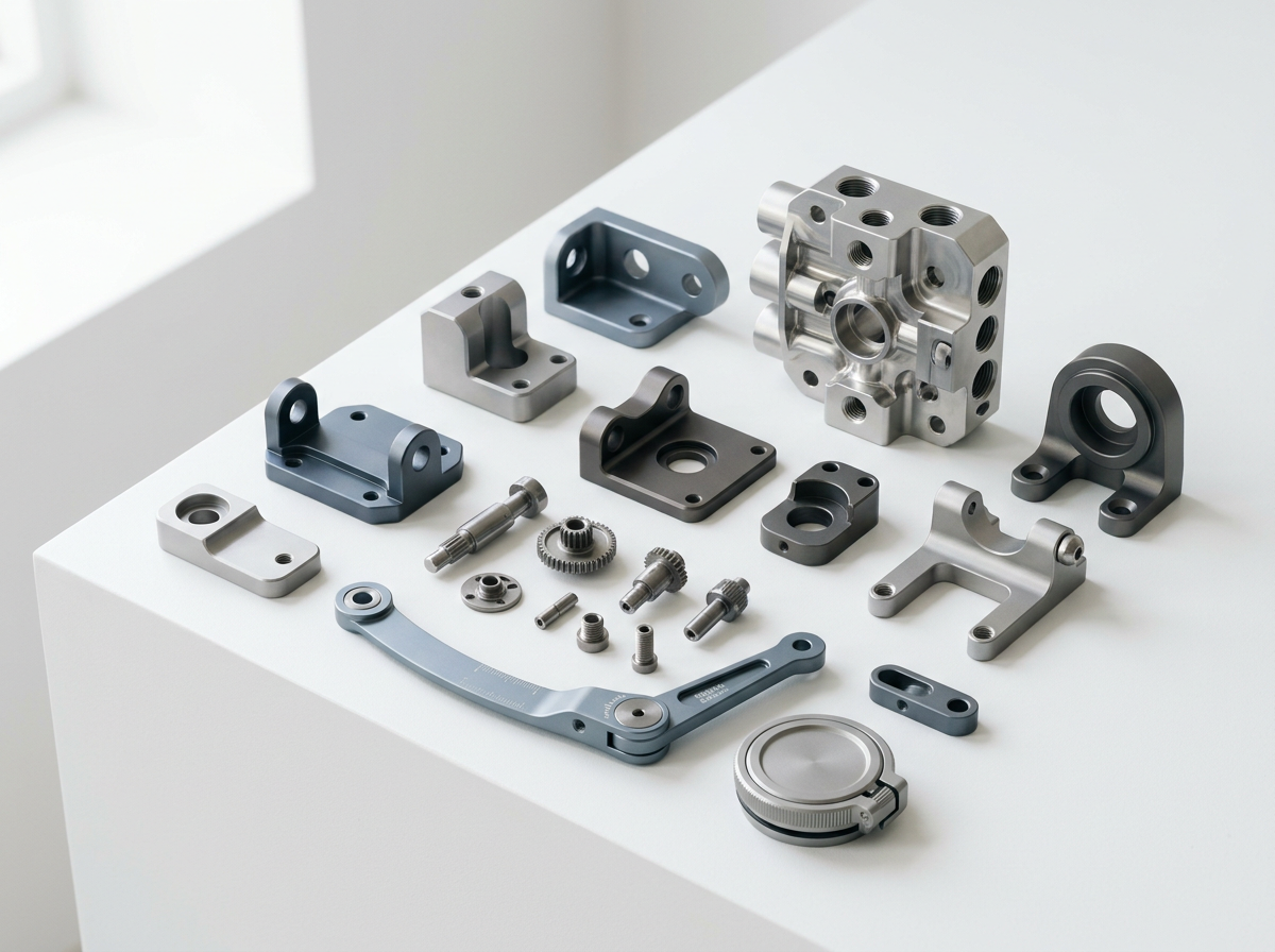 Various metal mechanical parts and components arranged on a white surface, including gears, brackets, and fittings.