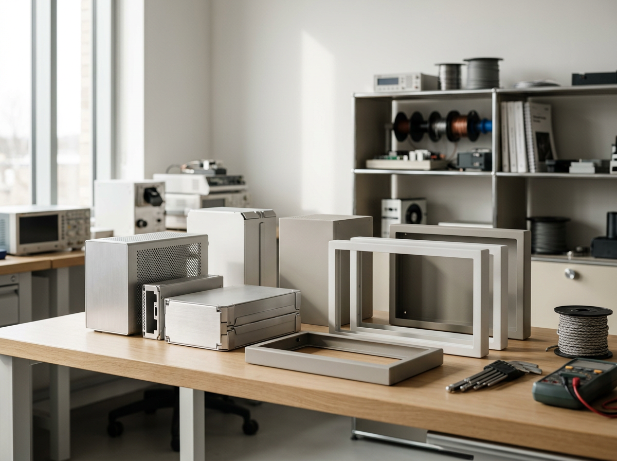 An organized workshop table with metal frames, electronic equipment, and tools, possibly for electronics assembly or repair.