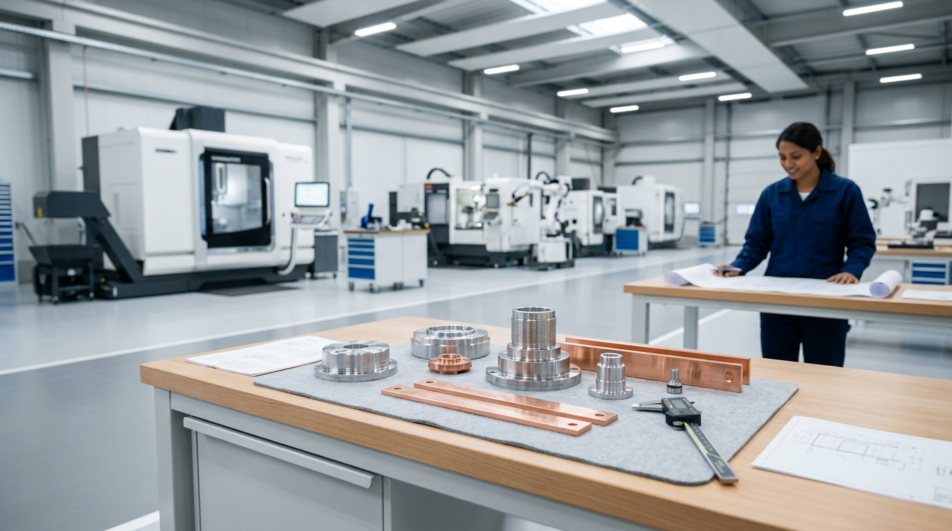 A woman in a blue lab coat working at a table with metal parts and engineering drawings in a modern manufacturing facility.