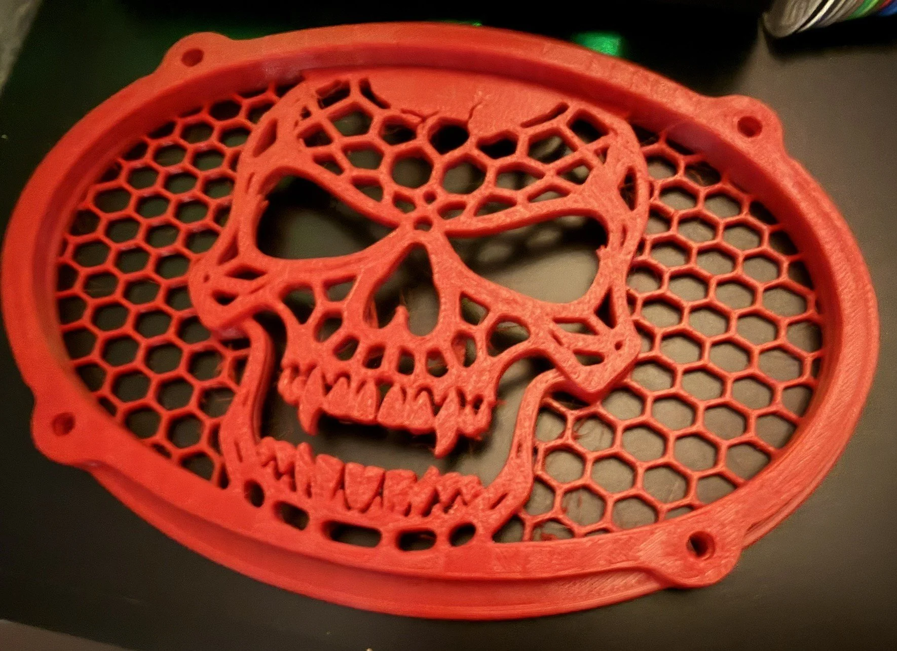 Red Vampire Skull custom car speaker grill, 6x9 size, Flat Line Series, by CarSpeakerGrills dot com.