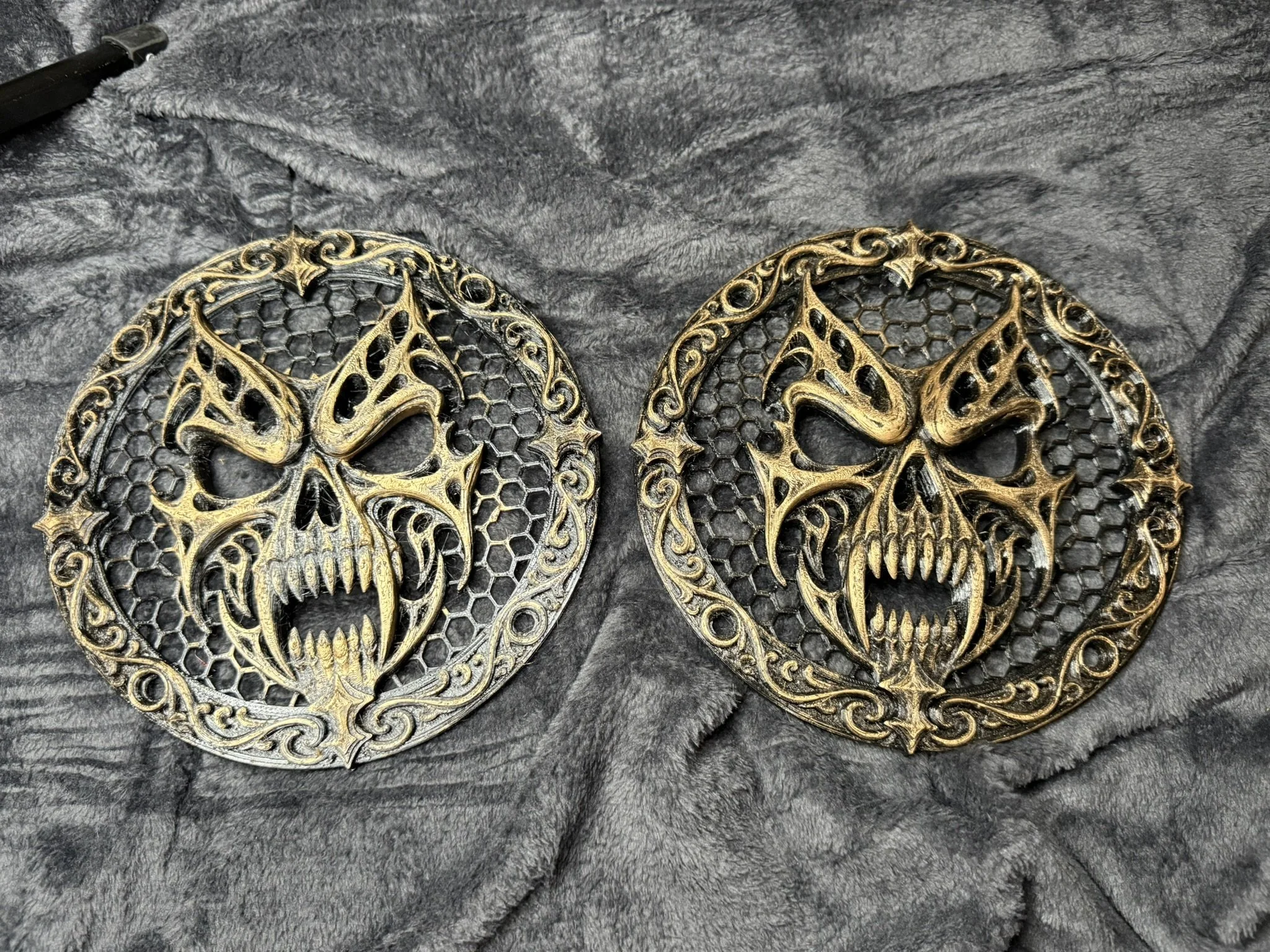 Vampire Skull custom car speaker grill, size 6.5 inch round, Demo Audiophile Series, gold, pair.