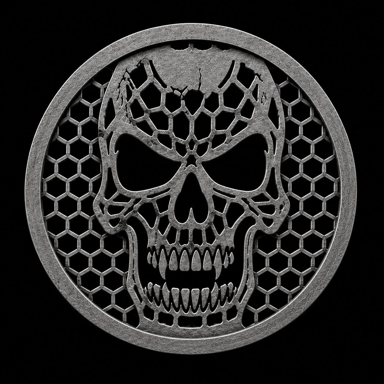 Vampire Skull custom car speaker grill, size 6.5 inch round, Flat Line Series, black.