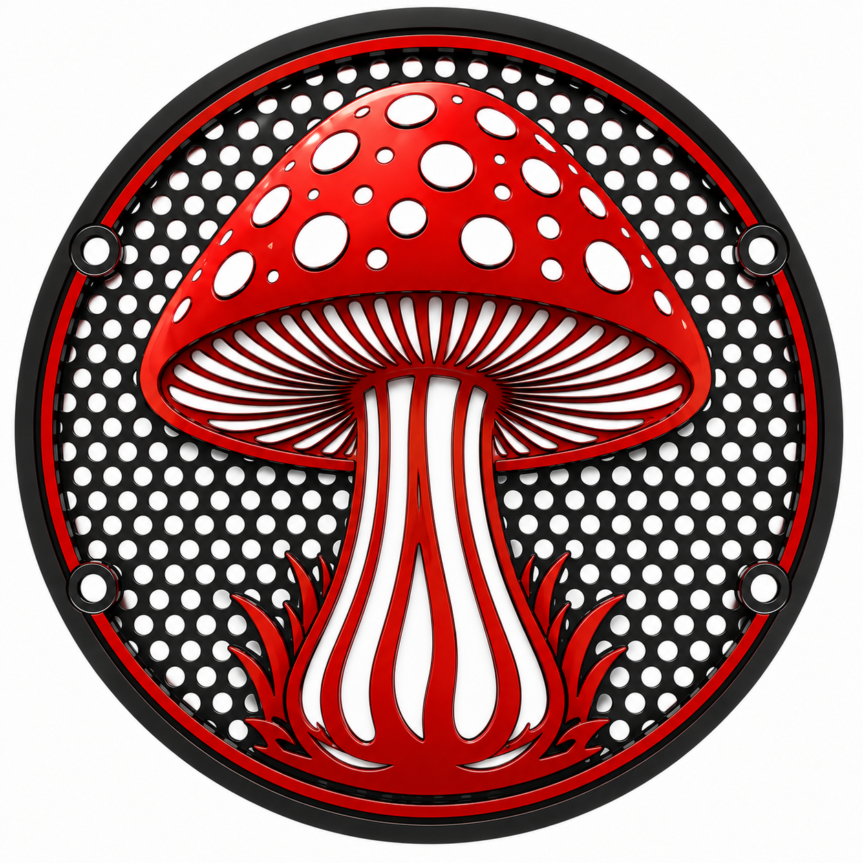 Mushroom custom car speaker grill, size 6.5 inch round, pair, red, white, and black.