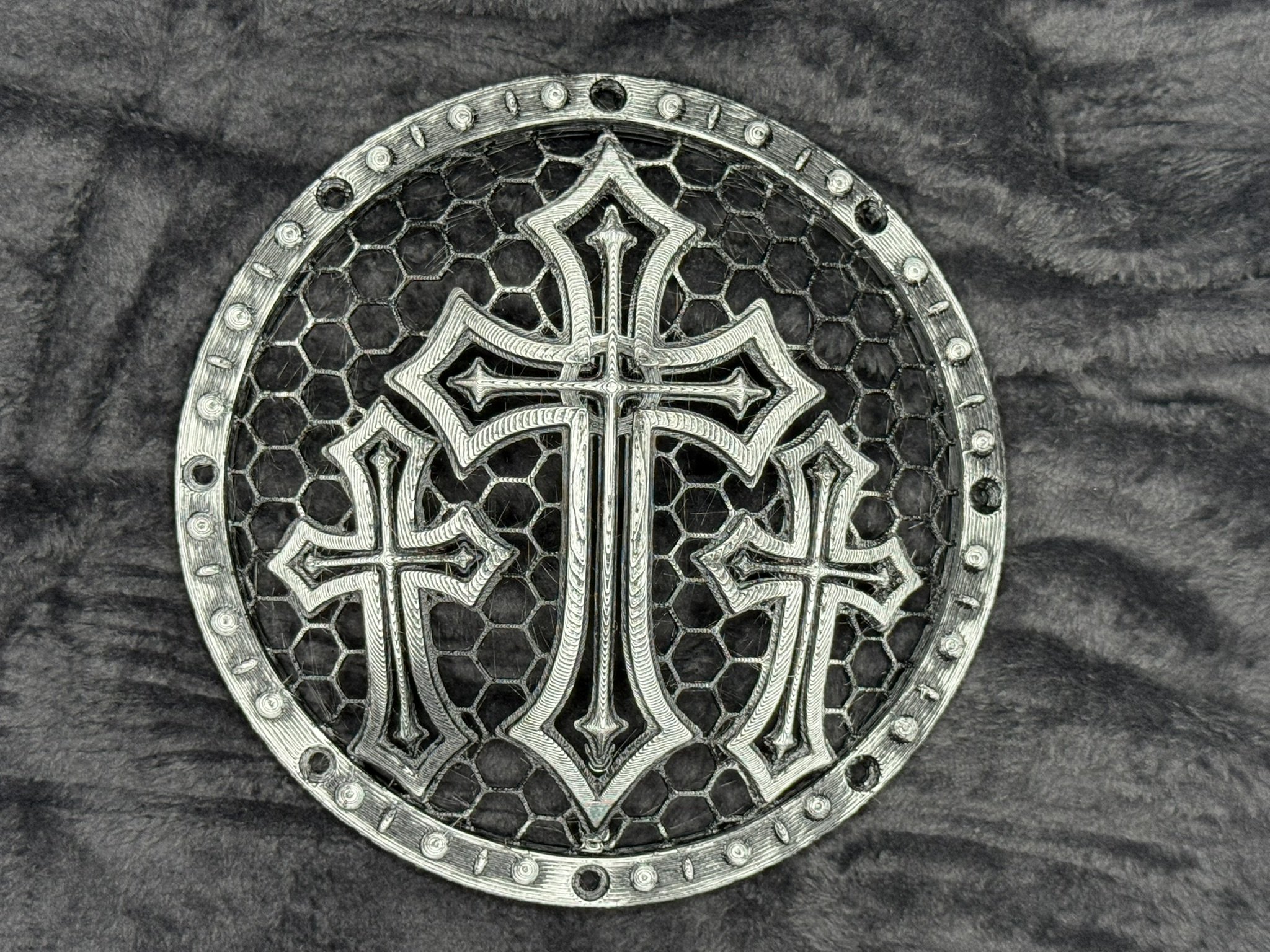 Trinity custom car speaker grill, size 8 inch subwoofer, individual, silver, three crosses with Celtic banding border.