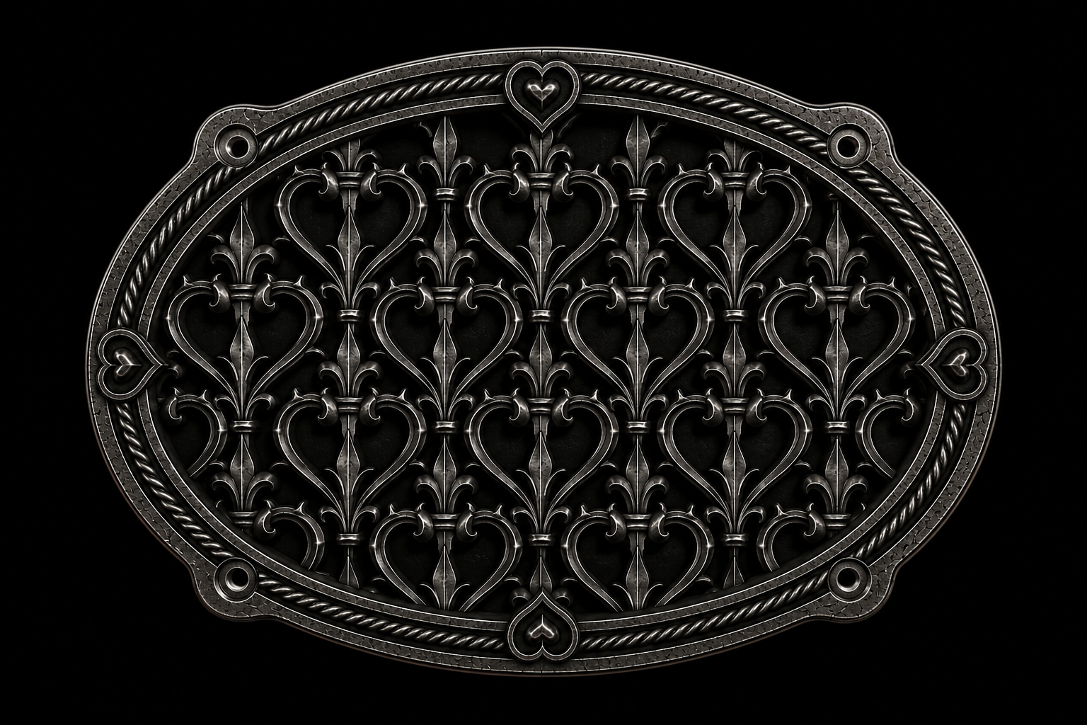 A decorative, intricate metal lattice with heart-shaped patterns, framed in an oval shape with a beaded border, on a black background.
