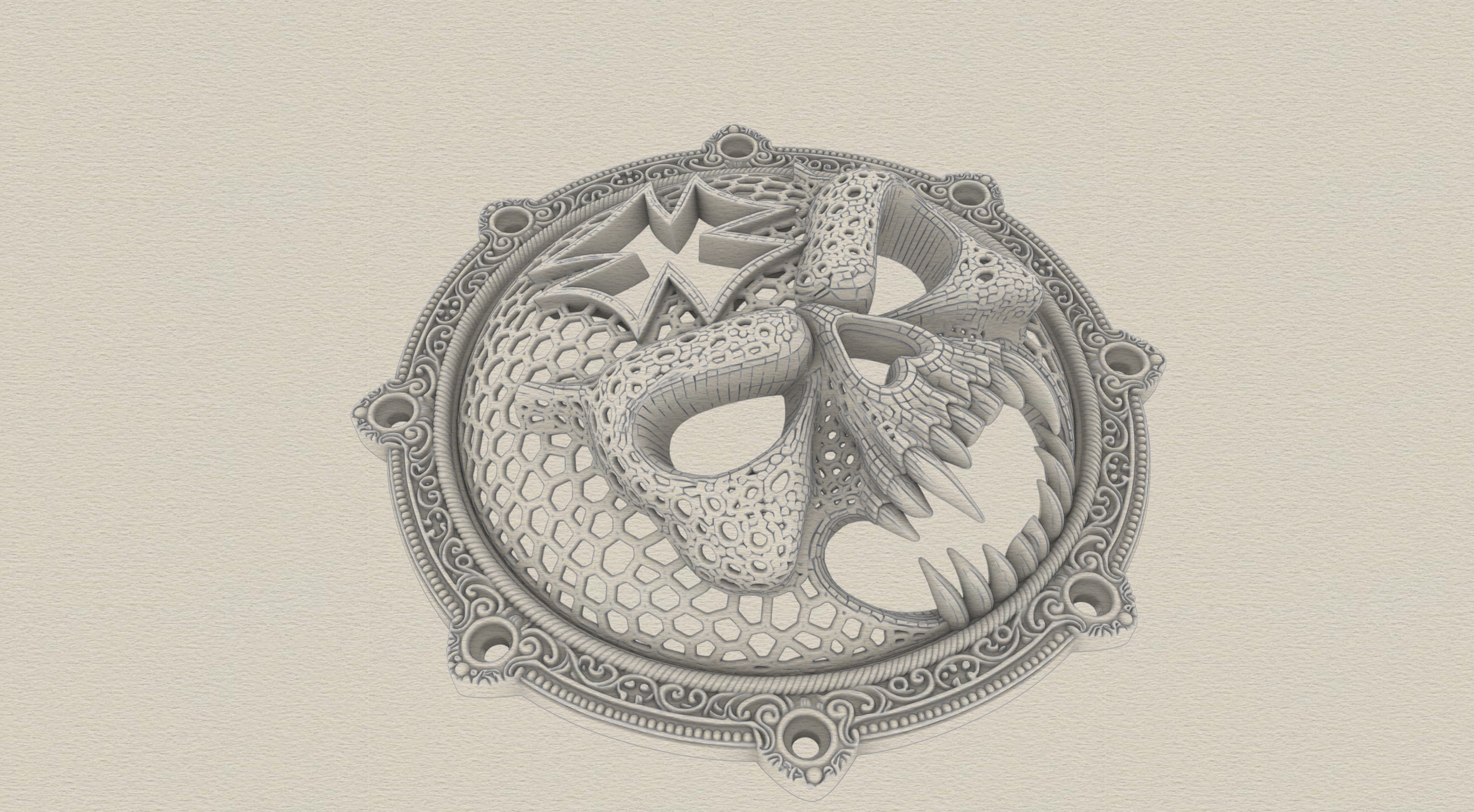 A detailed silver-colored ornamental pendant featuring a dragon entwined within a circular frame.