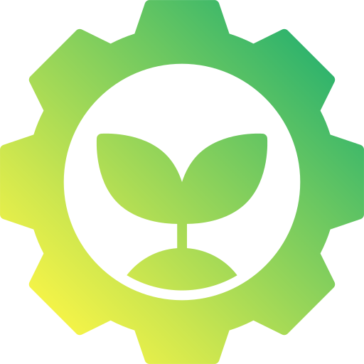 A gear with a gradient color from green to yellow, containing a plant with two leaves in the center.