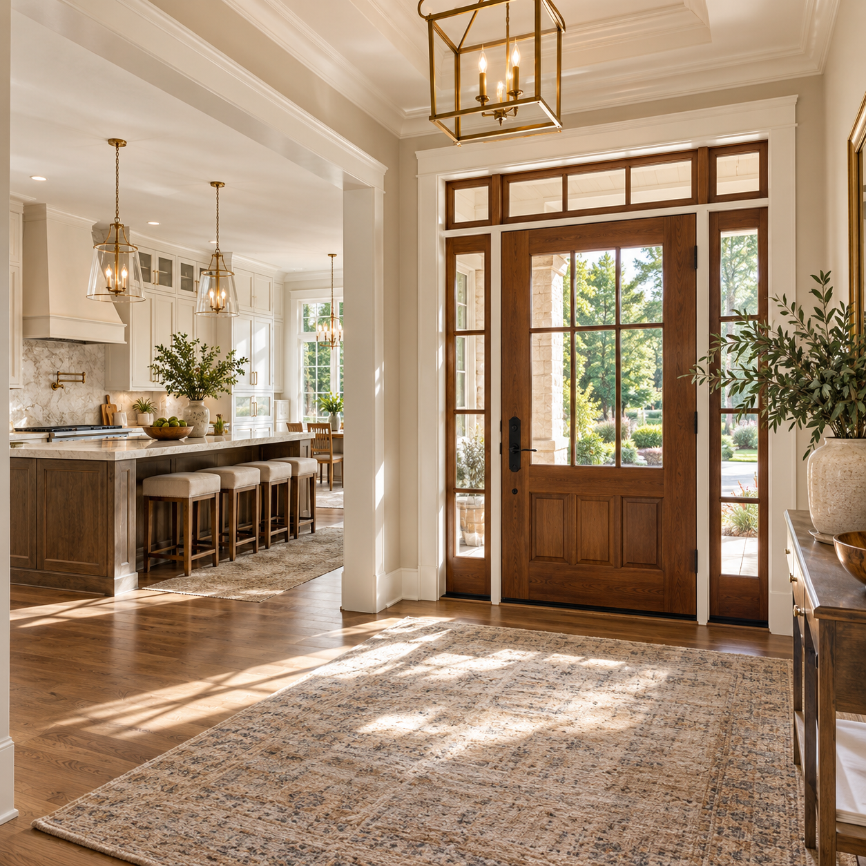 Bright custom entry door with elegant kitchen cabinets in the background.