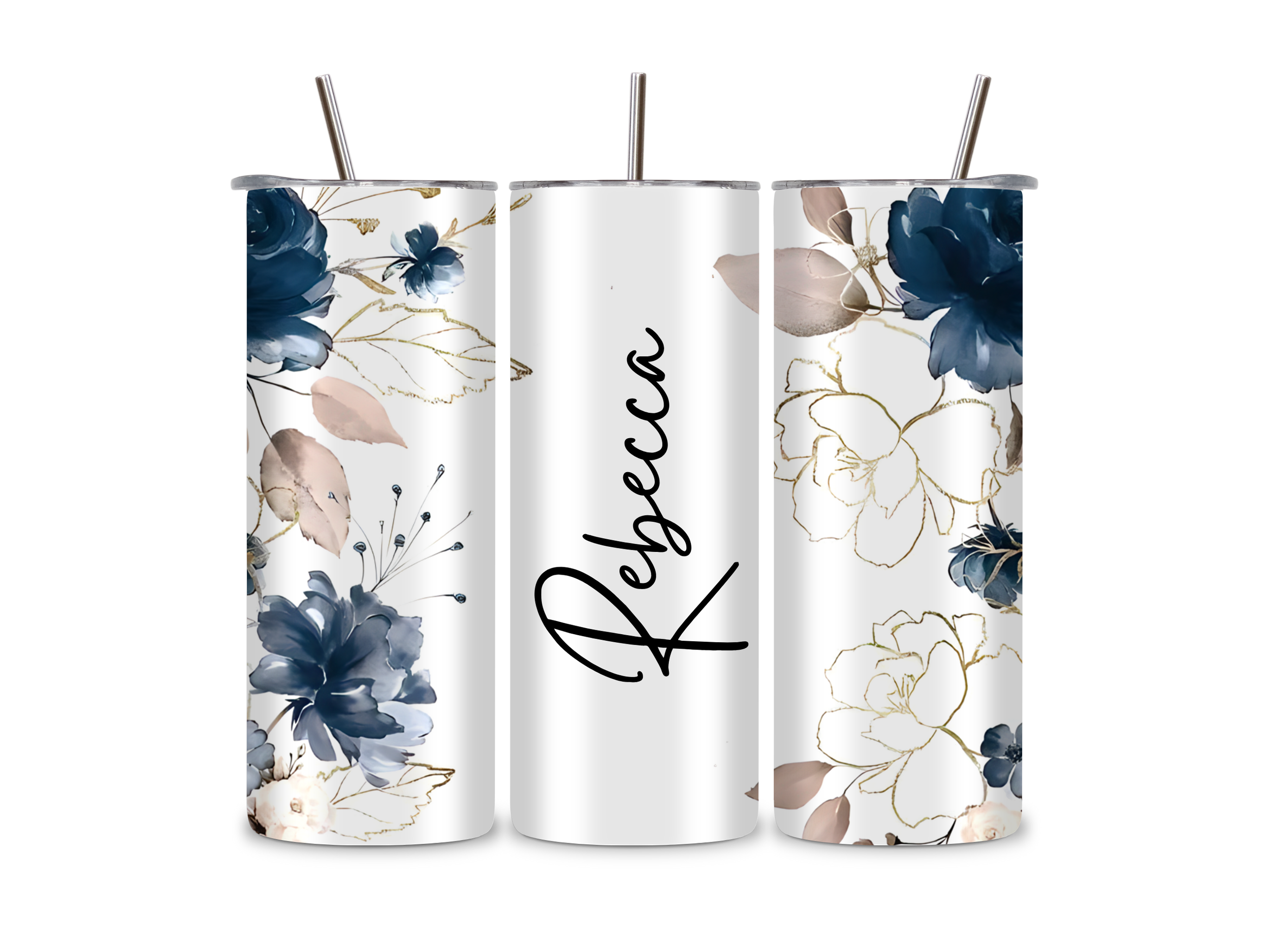 Blue Beige Floral Named Tumbler/Drink Bottle