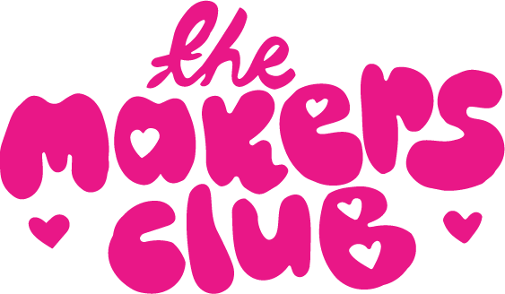 Pink text reading "the makers club" with hearts around it, on a black background.
