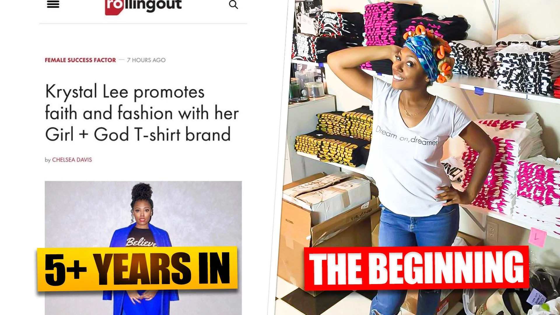 A woman wearing a colorful head wrap and a white T-shirt with the text 'Dream on, dreamer' stands inside a clothing store, smiling and posing with her hand on her hip, amidst shelves of folded clothes and boxes.