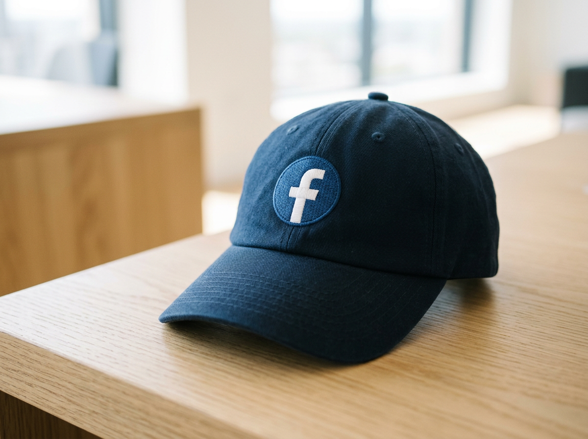 A navy blue baseball cap with the Facebook logo embroidered on the front, placed on a light wooden table inside a room with large windows.