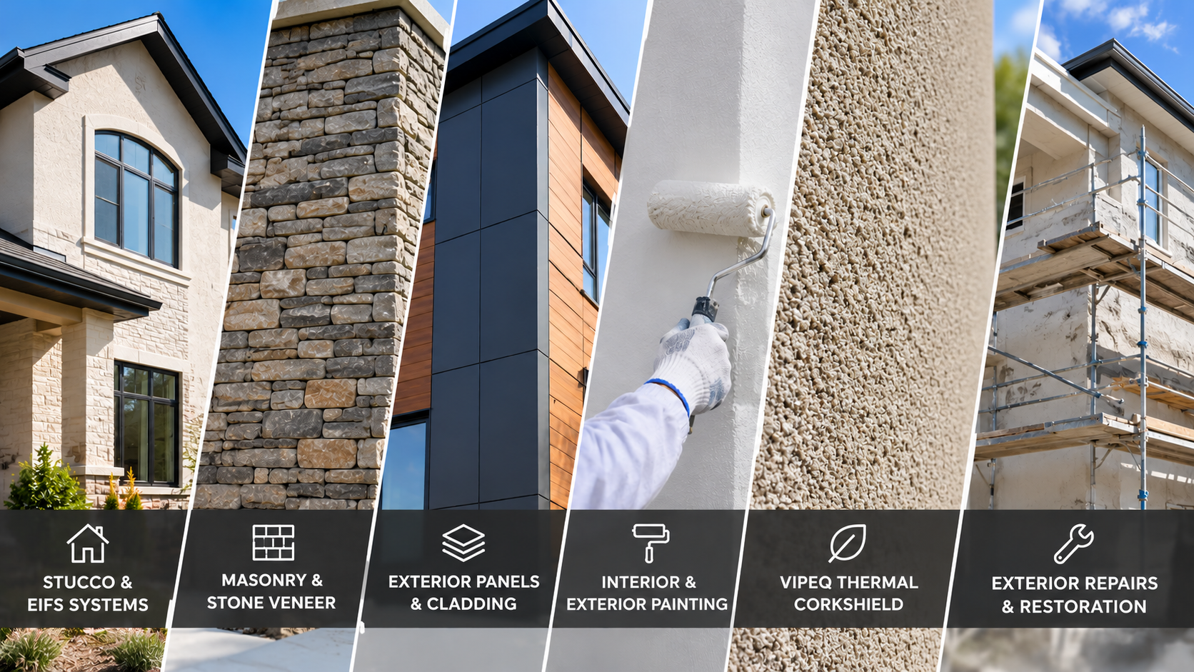 Collage of different stages of building exterior walls, including stucco and EIFS systems, masonry and stone veneer, exterior panels and cladding, interior and exterior painting, VIPEQ thermal corkshield, and exterior repairs and restoration.