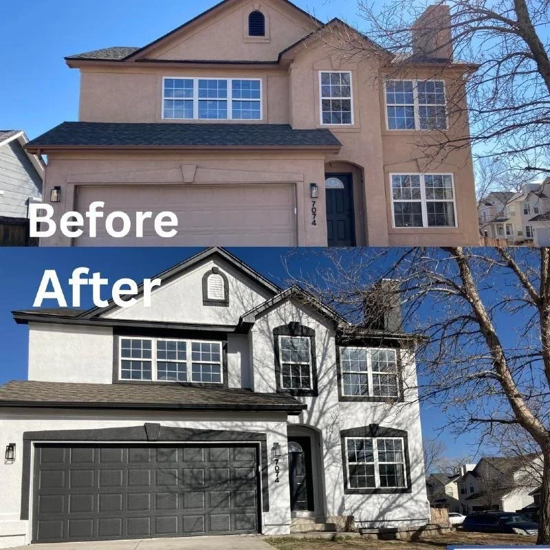 Comparison photo showing a two-story house before and after exterior renovation. The 'Before' image features a house with beige stucco siding, while the 'After' image shows the same house painted white with black trim, black garage door, and new black window frames.