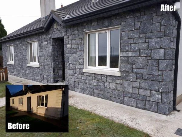 Comparison of a house exterior before and after renovation. The 'Before' shows a house with beige stucco walls and white trim; the 'After' features a house with dark gray stone exterior and white window frames.