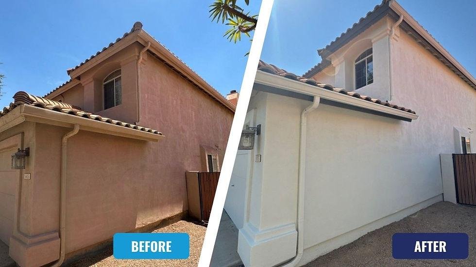 Side-by-side images of a house exterior showing a before and after comparison. The left side shows a house with a dusty pink exterior wall; the right side shows the same house with a clean, white exterior wall and a new paint job.