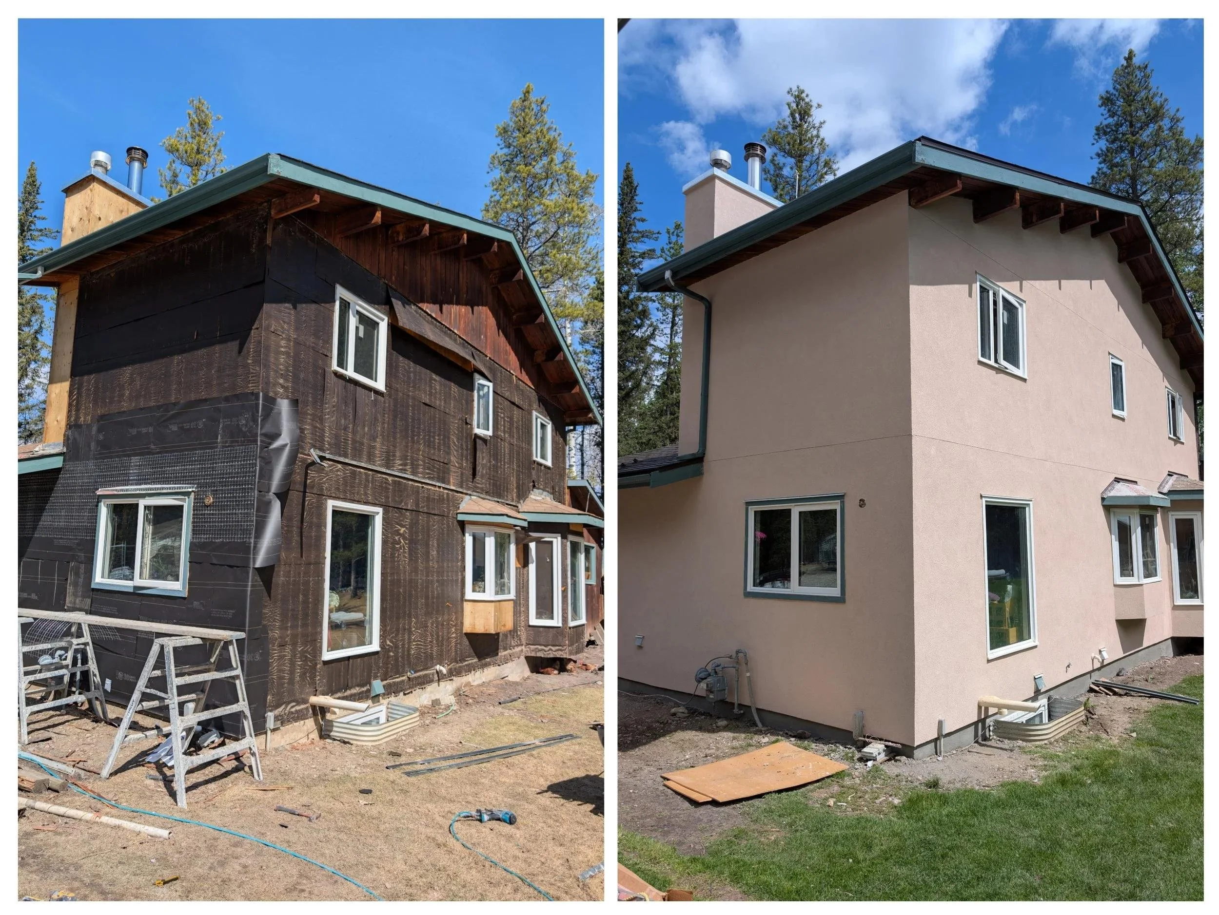 Two side-by-side images of a house before and after renovation. The left side shows the house under construction with black tar paper, unpainted wood, and windows installed. The right side shows the finished house with beige exterior walls, painted wood trim, and finished landscaping.