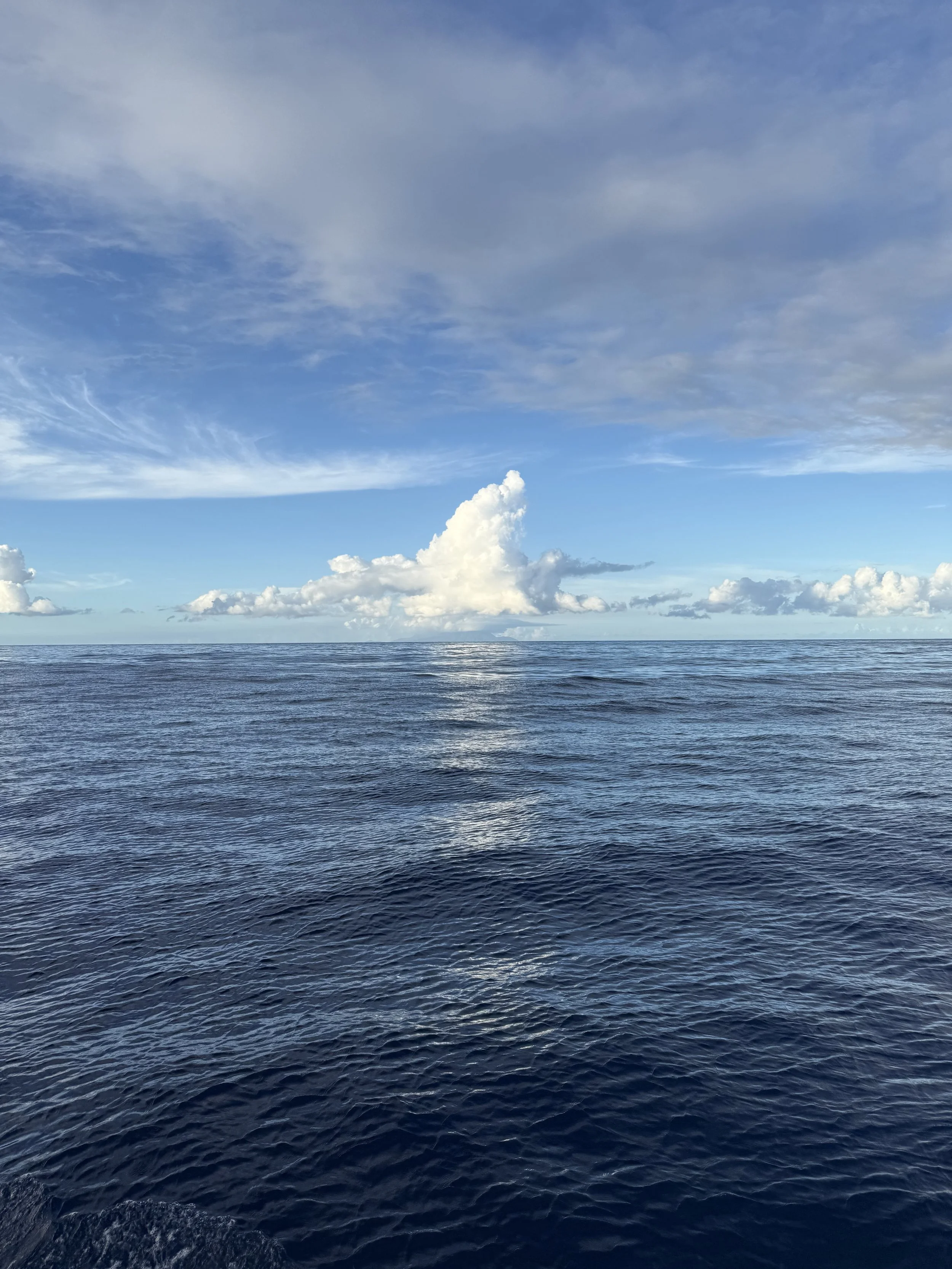 Open ocean with calm blue water and a partly cloudy sky with scattered clouds.
