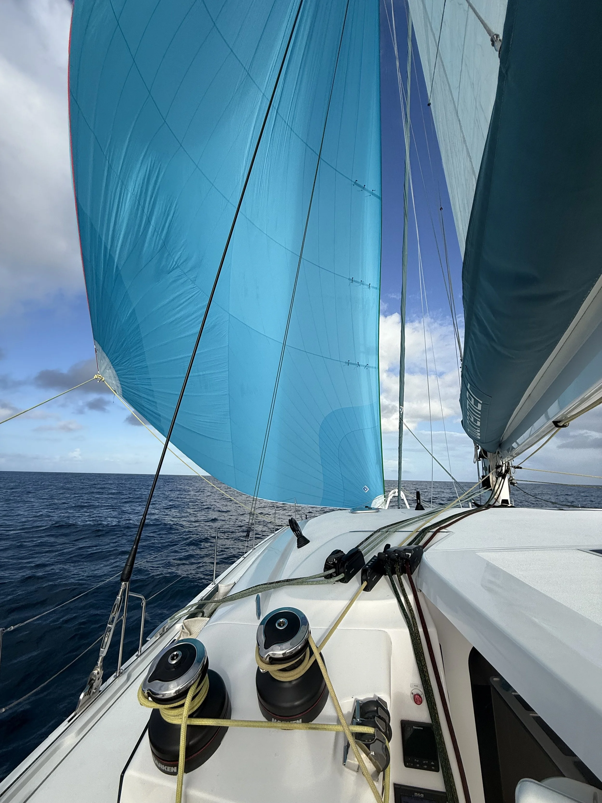 Performance cruising catamaran sailing offshore under spinnaker