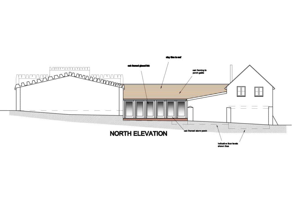 Proposed north elevation showing a glazed oak-framed link between the existing barn buildings.