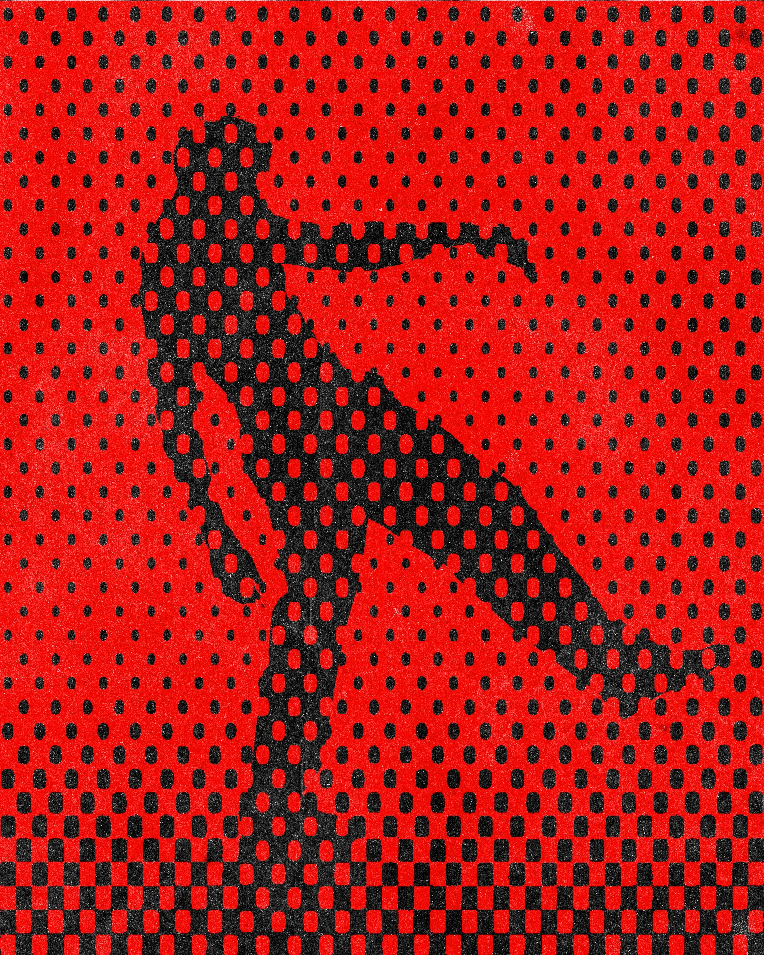 Silhouette d'une femme de profil sur un fond rouge à pois noirs, style de l'art pop ou pointillisme.