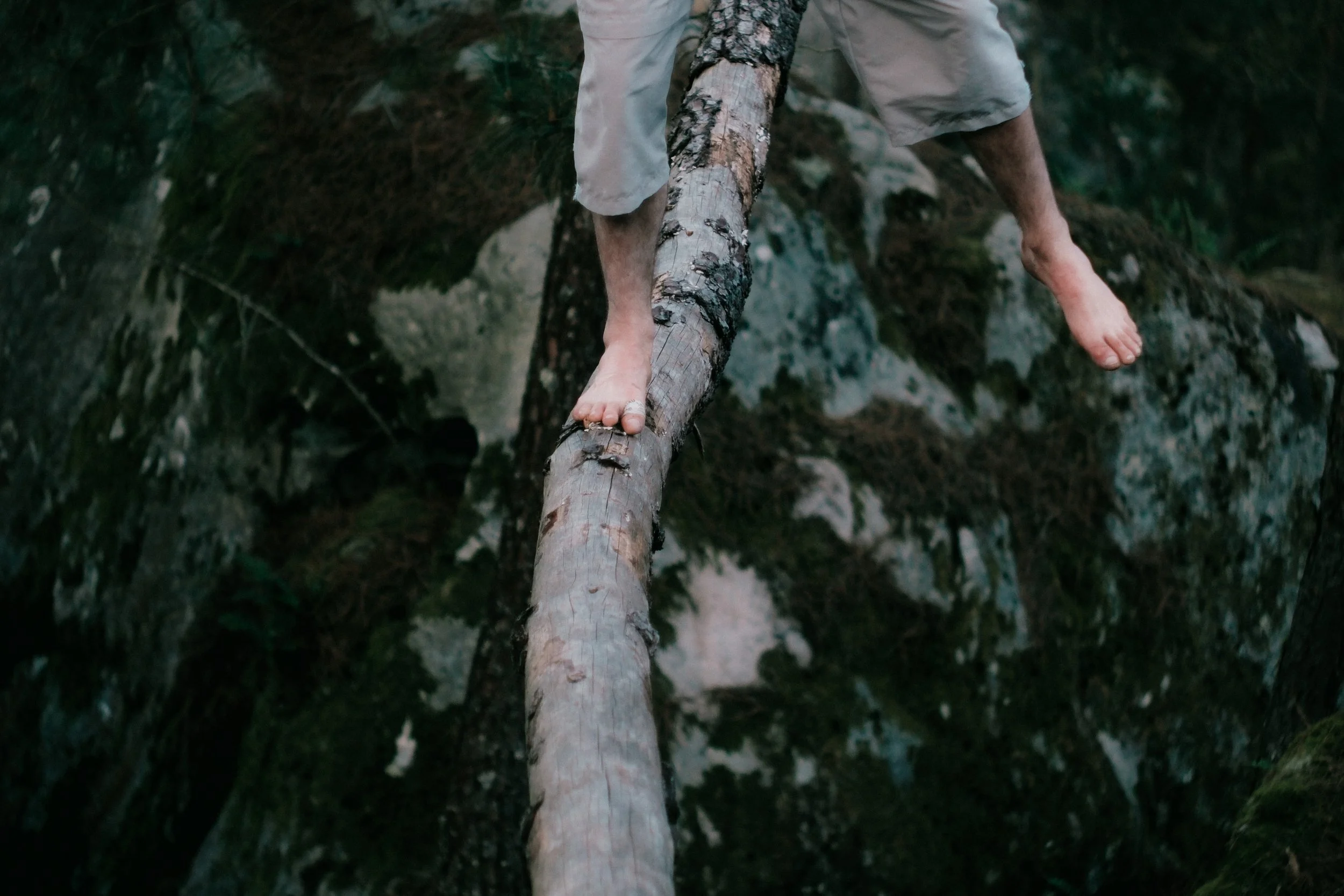 Une personne marche sur une branche d'arbre en pleine forêt, pieds nus, portant des vêtements légers, avec des rochers et de la végétation dense en arrière-plan.