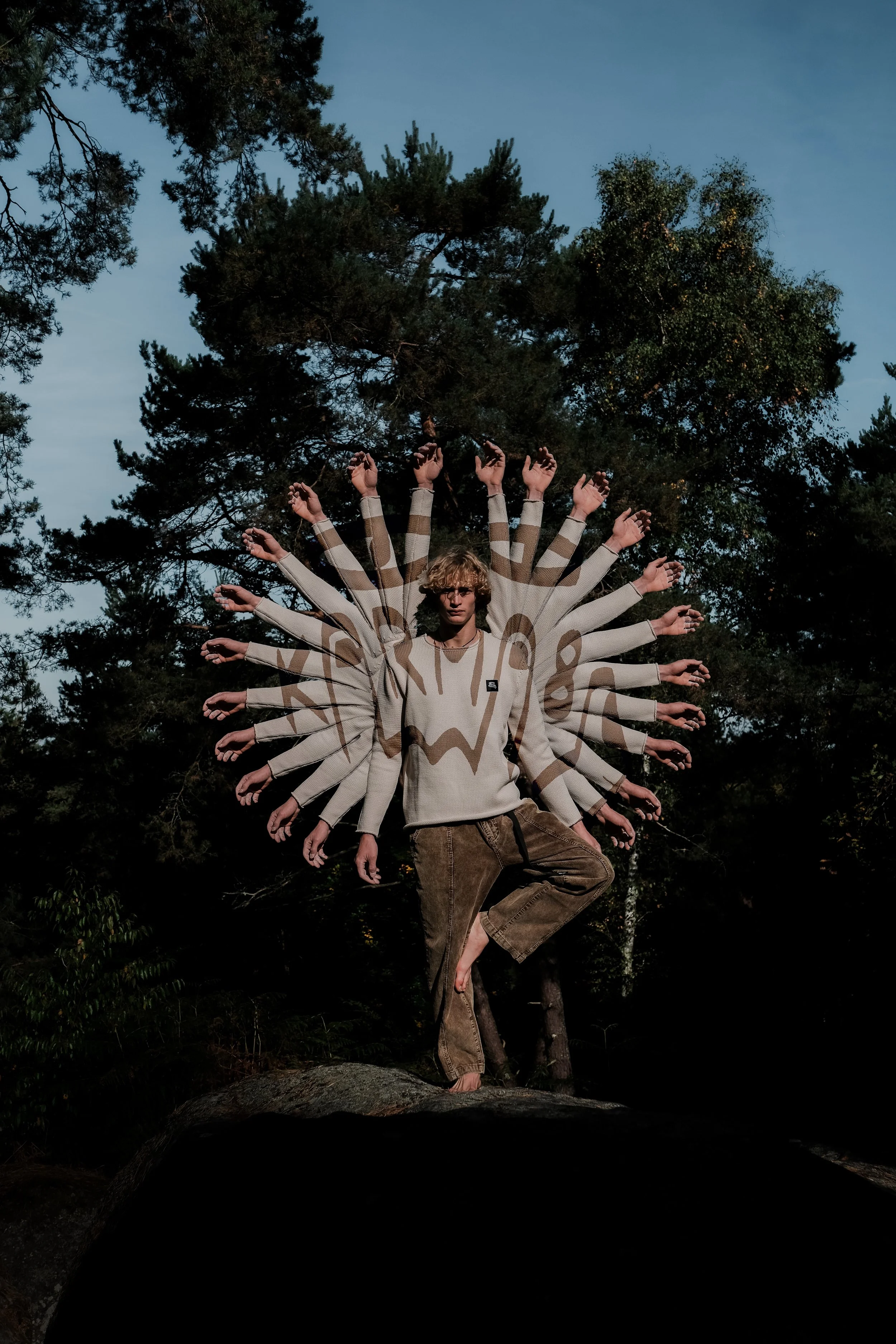 Une personne pose en équilibre sur une pierre dans une forêt, avec plusieurs bras de mannequins derrière elle, créant un effet d'illusionneur.