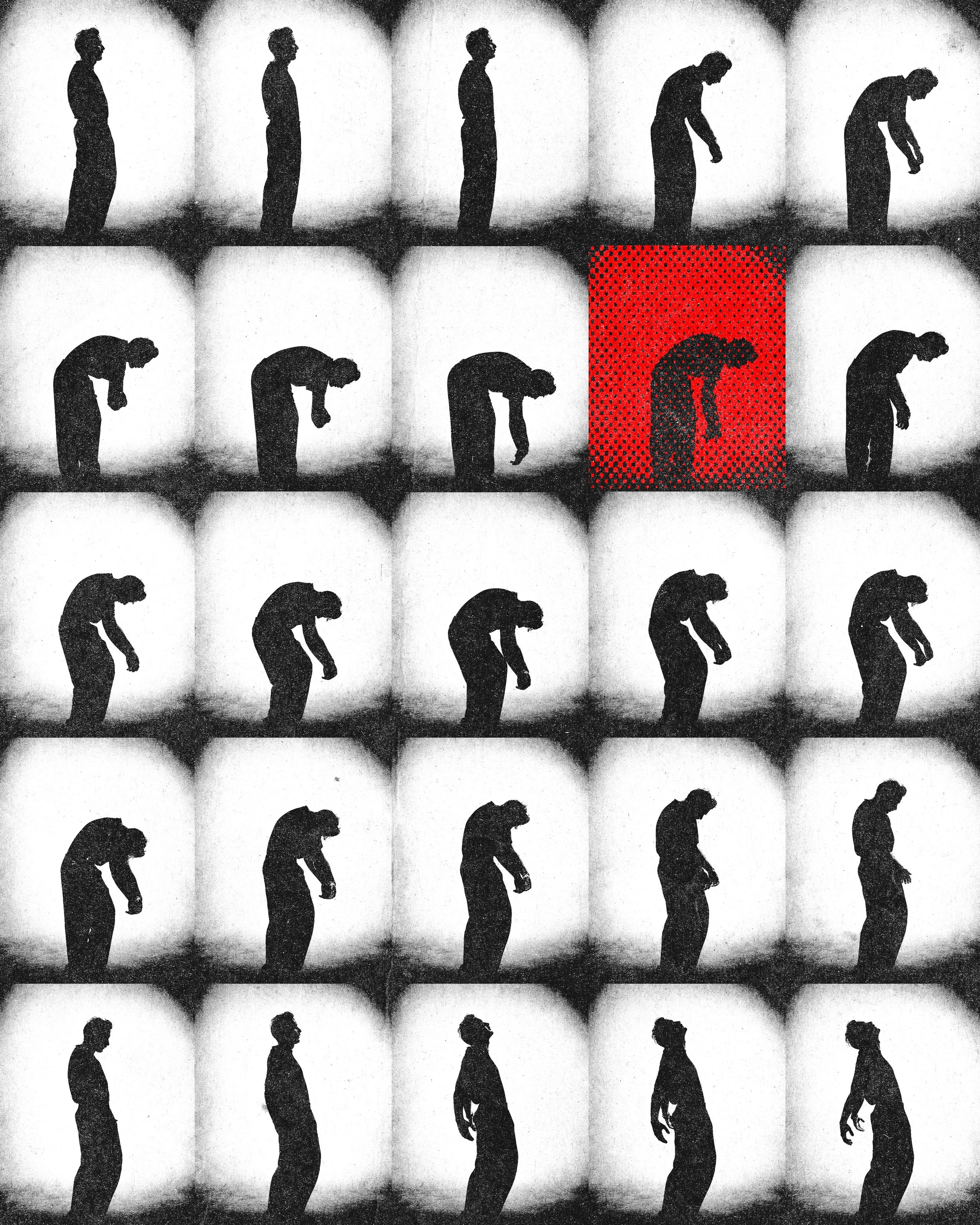 Une séquence de silhouettes noires d'une personne en train de se pencher avec un fond blanc, avec un seul rectangle rouge surlignant une silhouette dans la séquence.