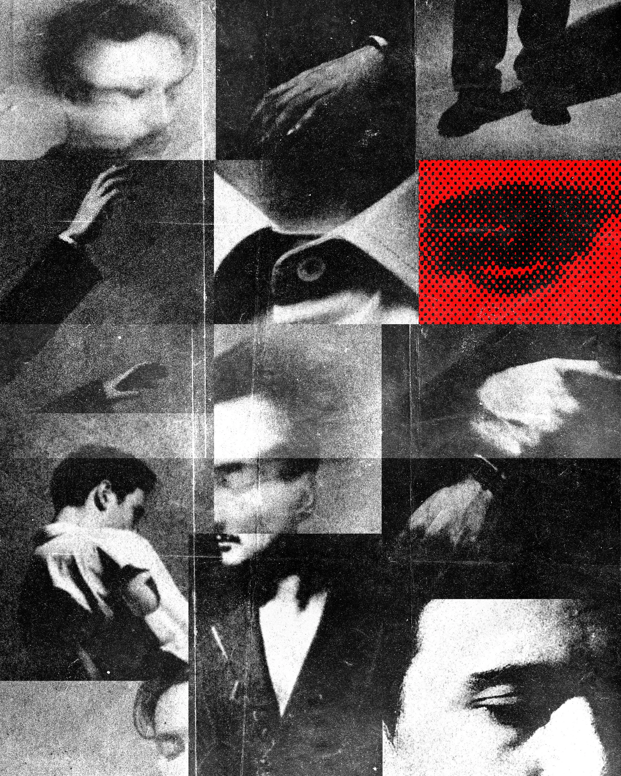 Photo en noir et blanc de plusieurs personnes, certaines portant des vêtements militaires, dans une composition collage artistique.