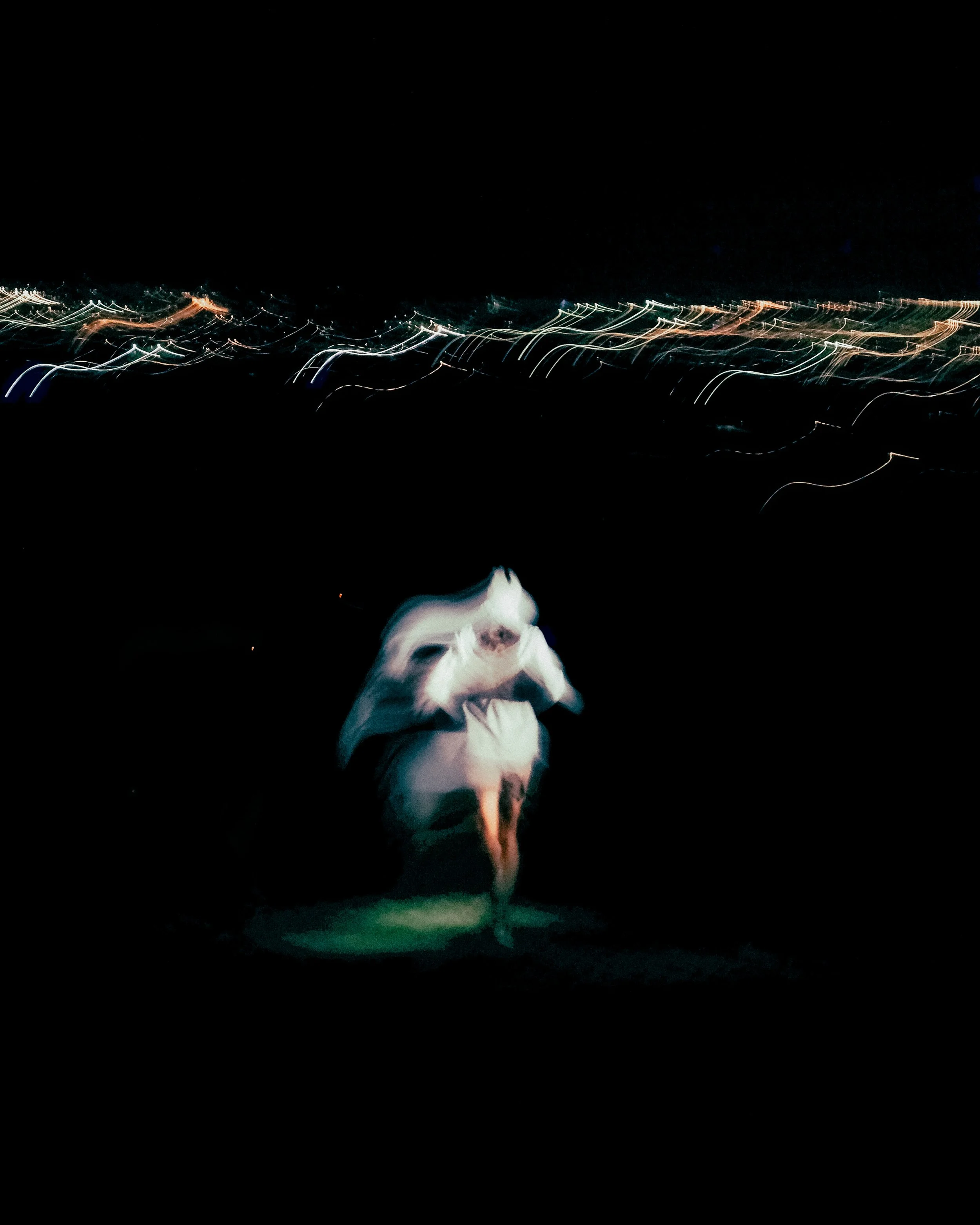 Un chien blanc avec des taches marron, vu de dessous, dans un environnement nocturne avec des lumières floues dans le fond.