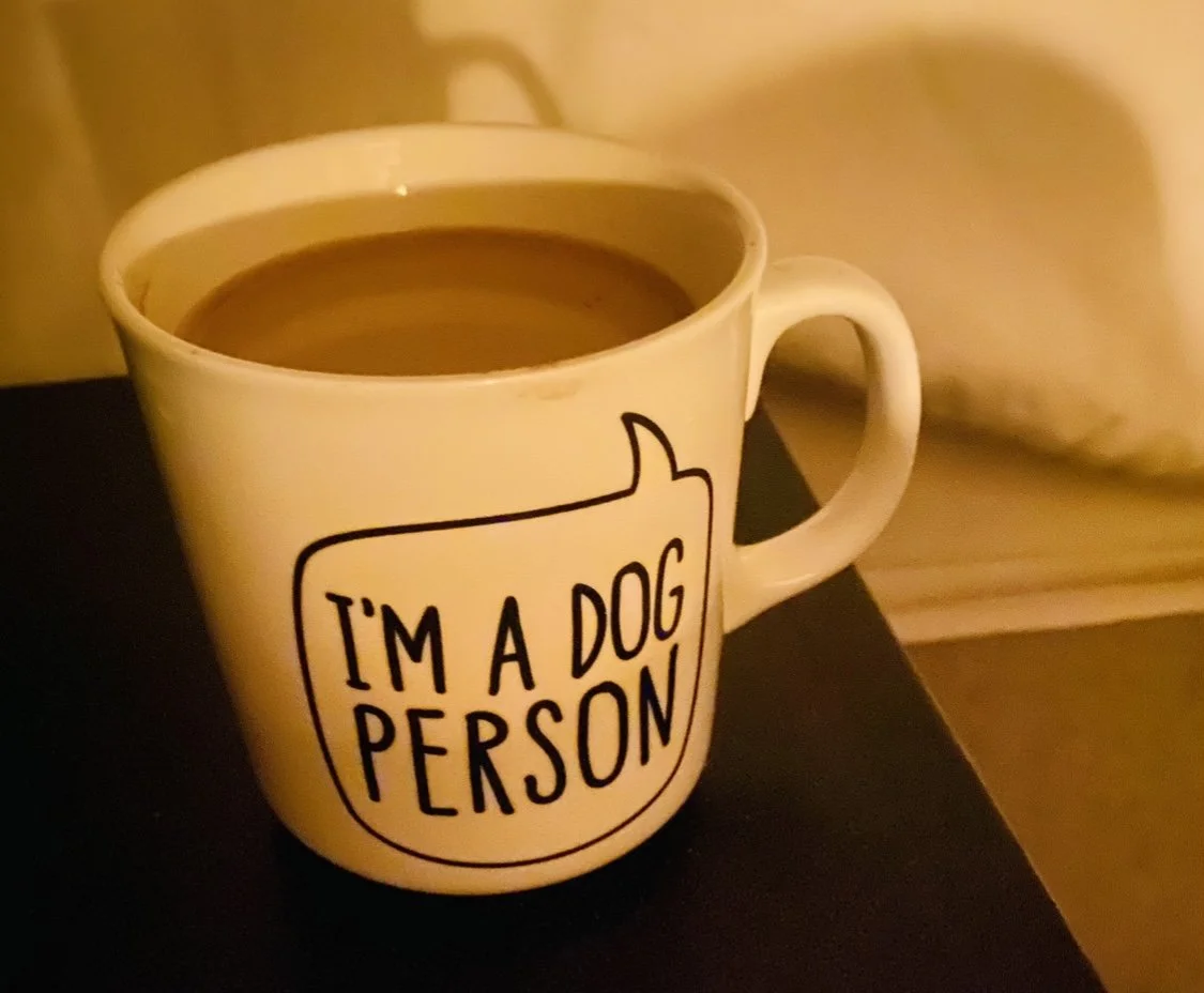 A white coffee mug with black text that says 'I'M A DOG PERSON', filled with a hot beverage, placed on a dark surface near a pillow.