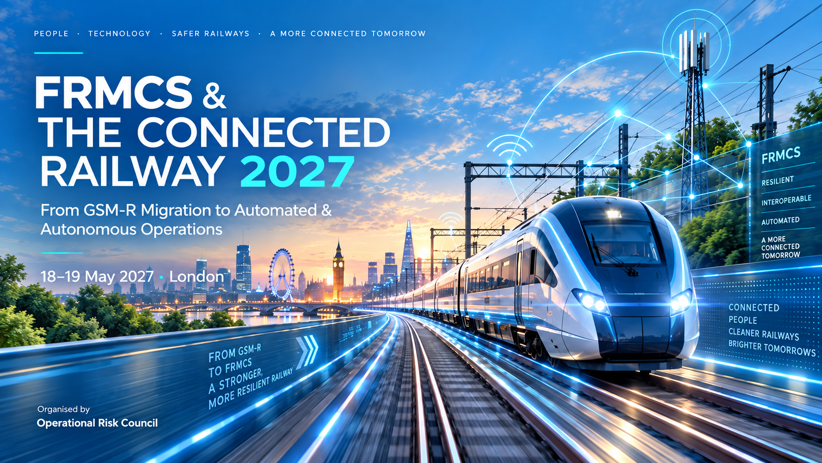 Digital illustration of a modern passenger train approaching London, with network and wireless communication graphics representing FRMCS and the connected railway. FRMCS & The Connected Railway 2027, London, 18–19 May 2027.