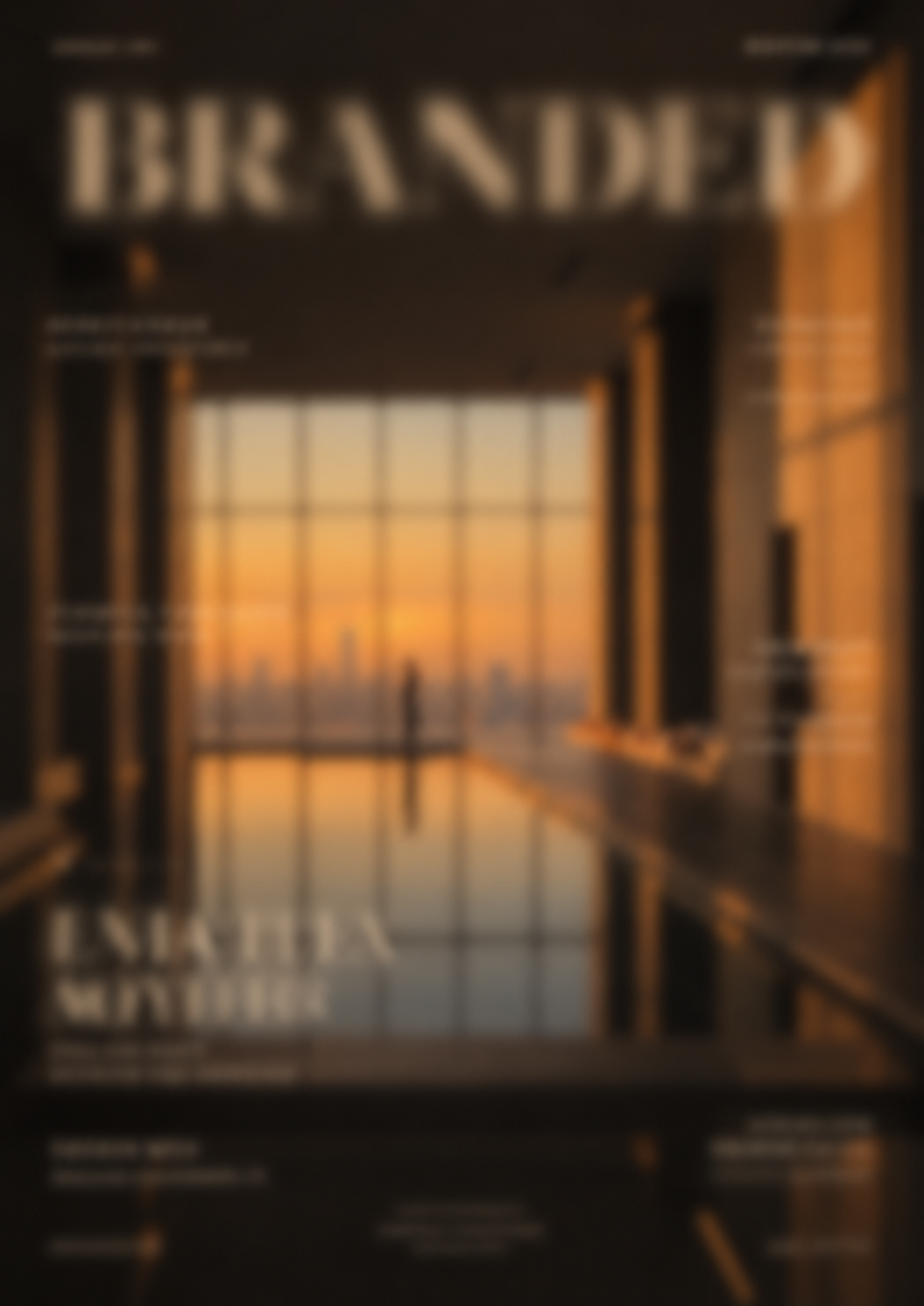 Blurred image of an indoor swimming pool with large windows showing a sunset or sunrise view outside.