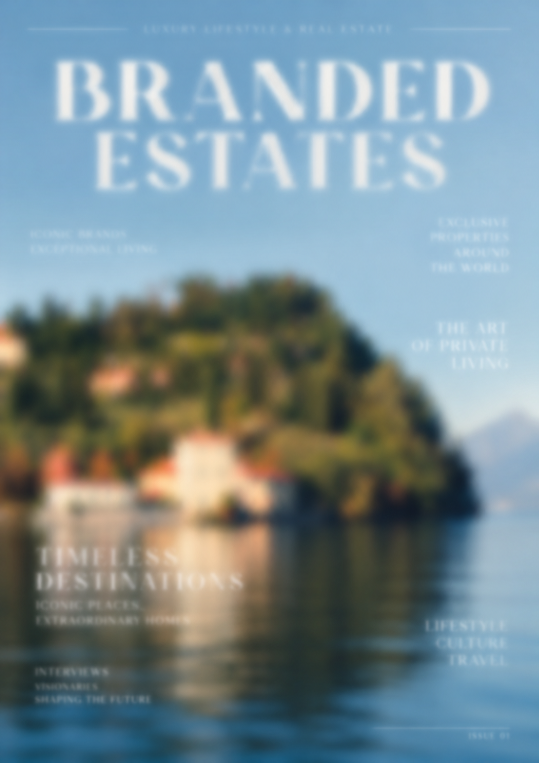 Cover of a magazine titled "Branded Estates" featuring a scenic landscape with trees and water, discussing luxury estates and private living.