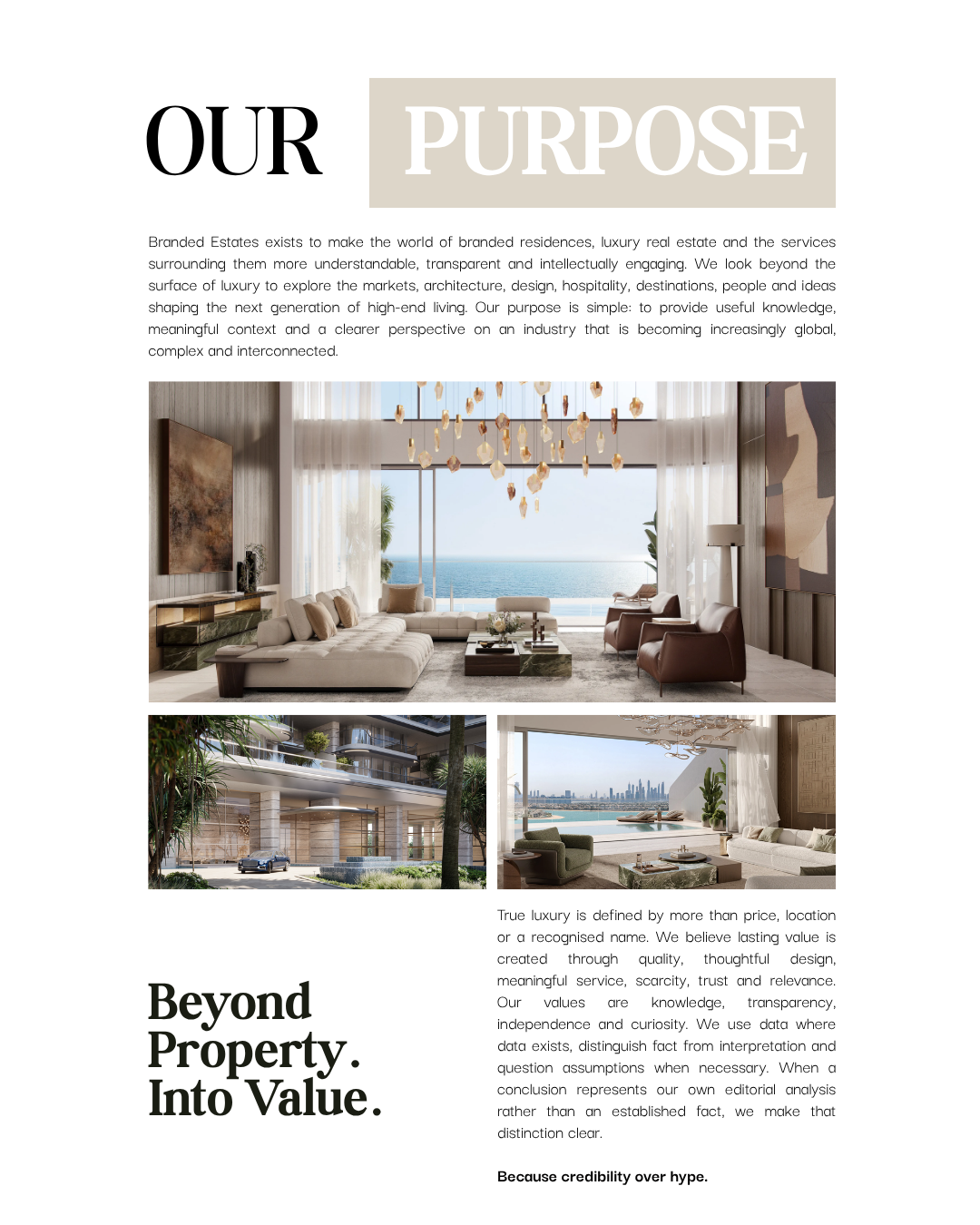 A promotional page for Branded Estates featuring a headline 'Our Purpose', a paragraph explaining their mission, and three images of luxury properties. The top large image shows a modern living room with a view of the ocean, white curtains, and contemporary furniture. The bottom left image depicts a luxury building's exterior with greenery and a car, while the bottom right image shows a bright, stylish living room with a city view and modern decor.