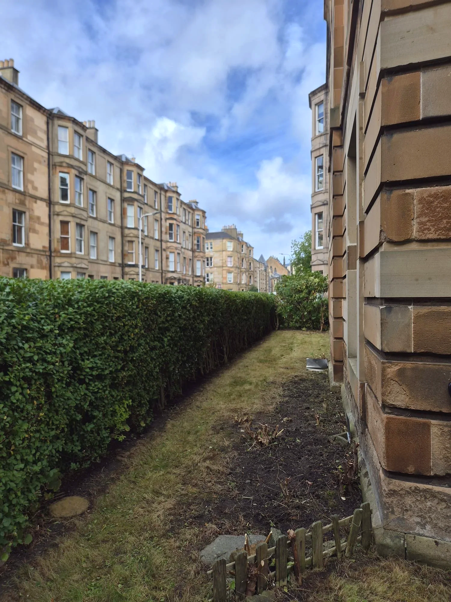 Garden tidied and neatly trimmed hedge after garden clearance.