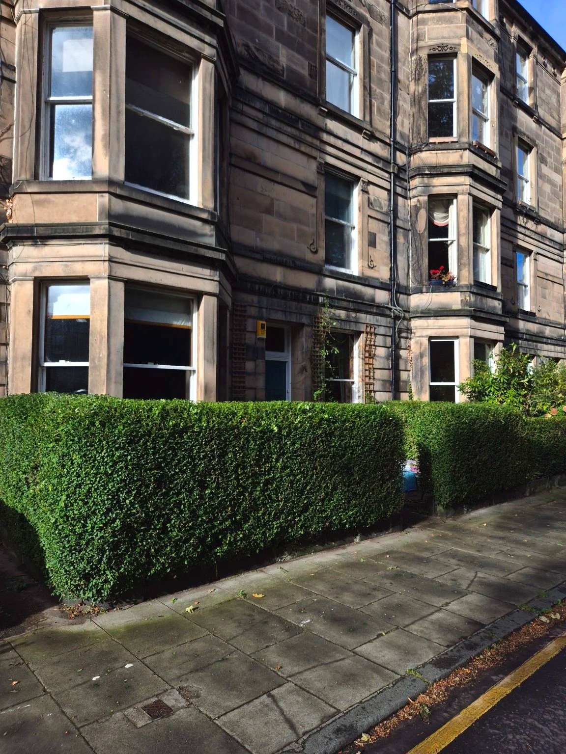 Neatly trimmed hedge front garden after hedge maintenance.