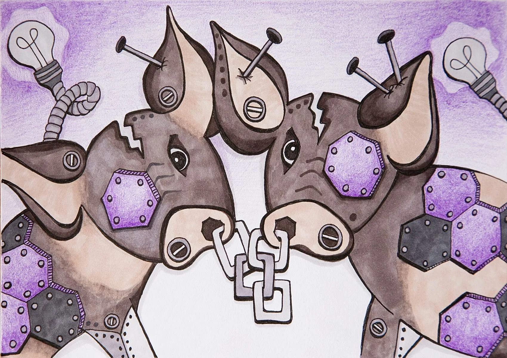 „Bionic Pigs, Or: My Coffin Nail Is Your Coffin Nail“. Marker und Farbstifte auf Papier. 2022