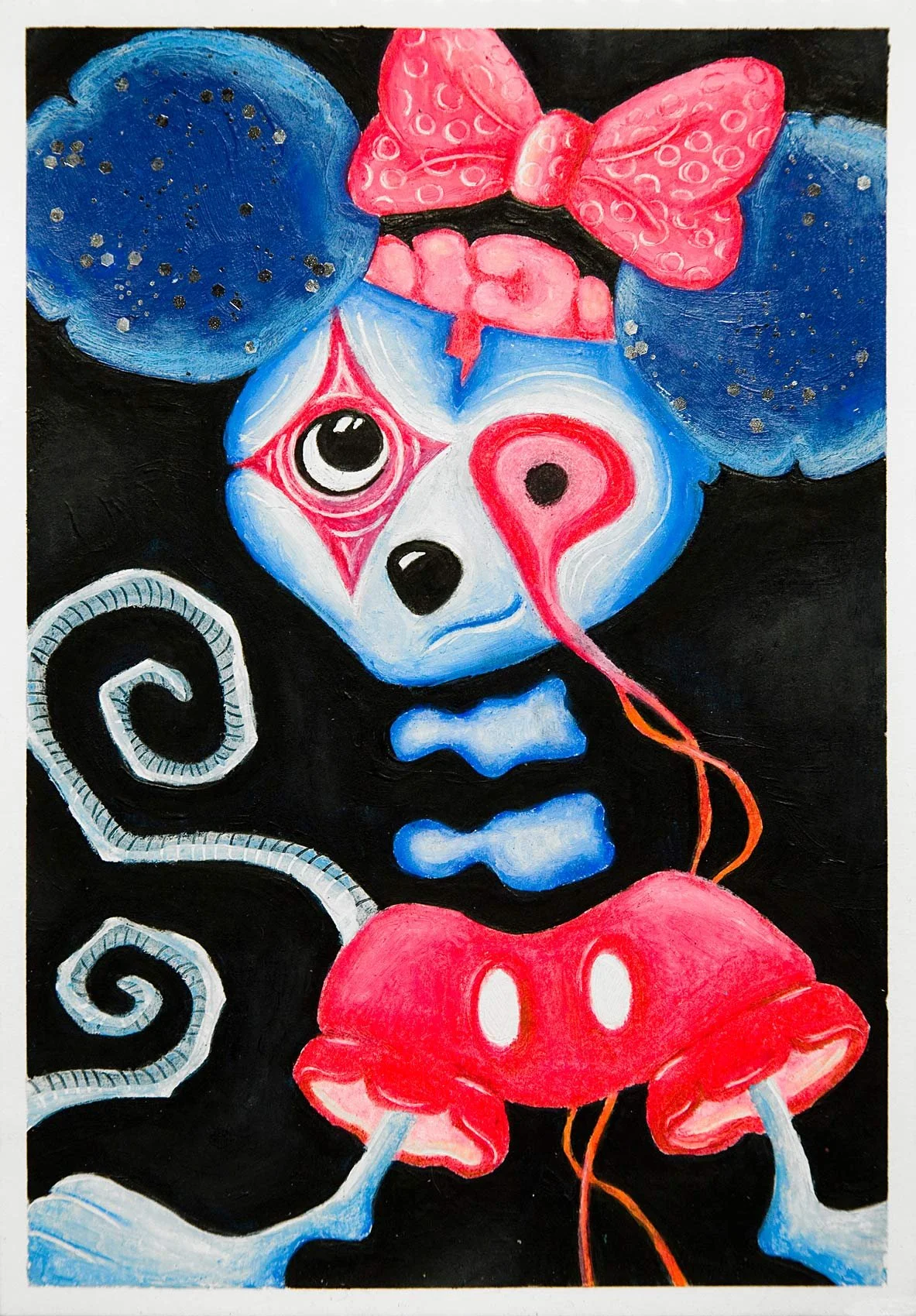 „Brain Brew Minnie“. Ölpastell, Acryl und Glitter auf Papier. 23 x 16 cm. 2023