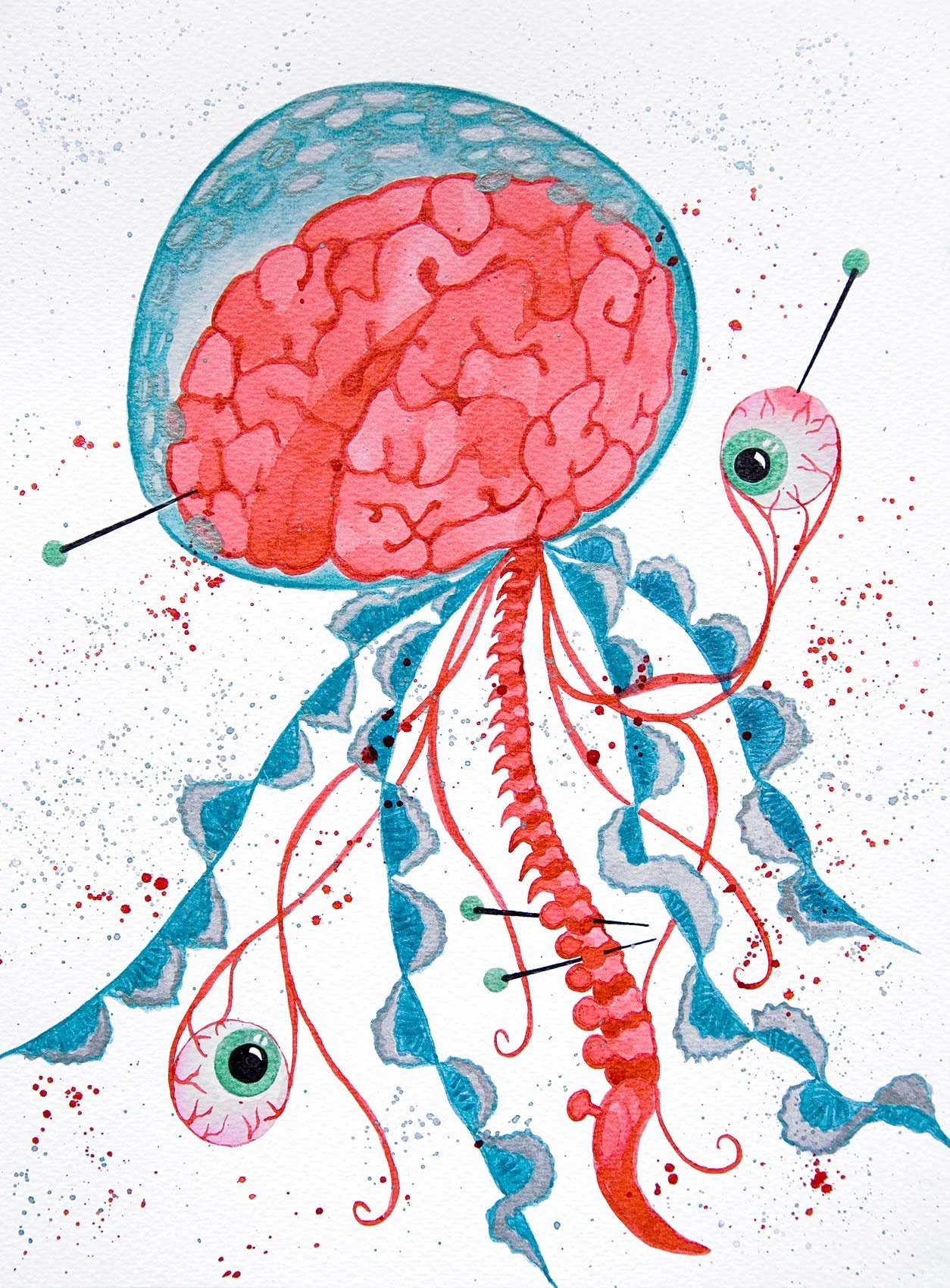 „Something is swimming along“. Wasserfarbe und Tusche auf Papier. 32 x 24 cm. 2022