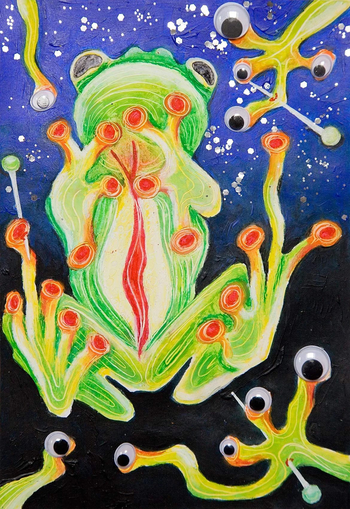 „Froscholi“. Ölpastell, Acryl, Glitter und Wackelaugen auf Papier. 21 x 14,8 cm. 2023