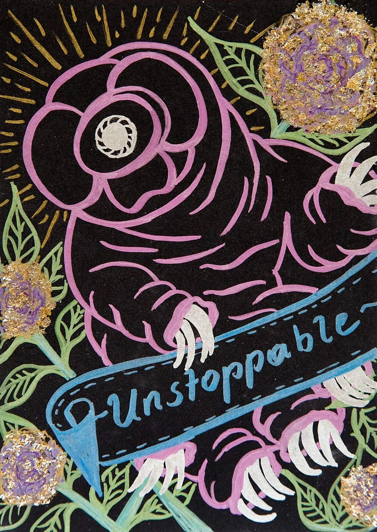 „Moss piglet“. Marker und Glitter auf Papier. 21 x 14,8 cm. 2023