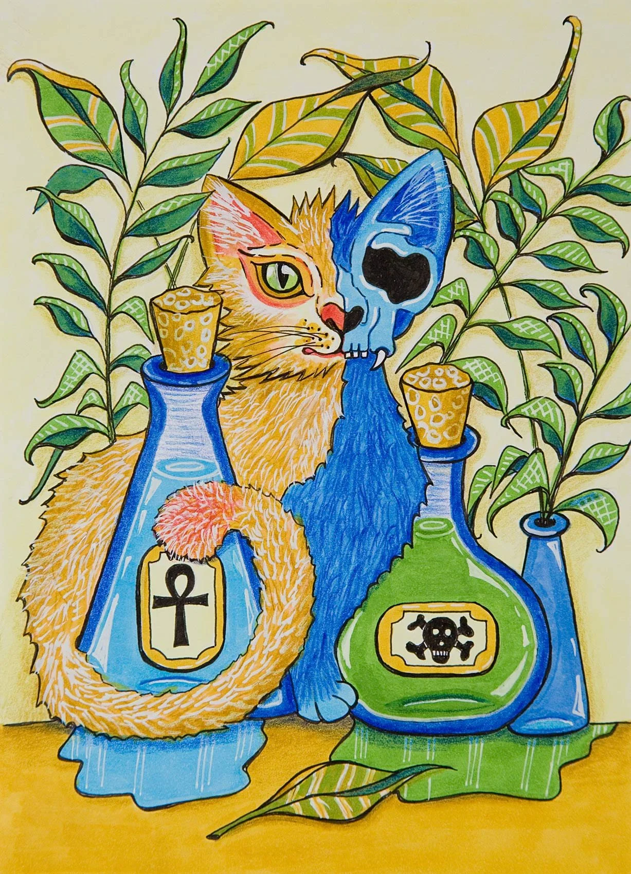 „Schrödinger's Cat Content II, or: Apothecat“. Mixed Media auf Papier. 21 x 14,8 cm. 2022