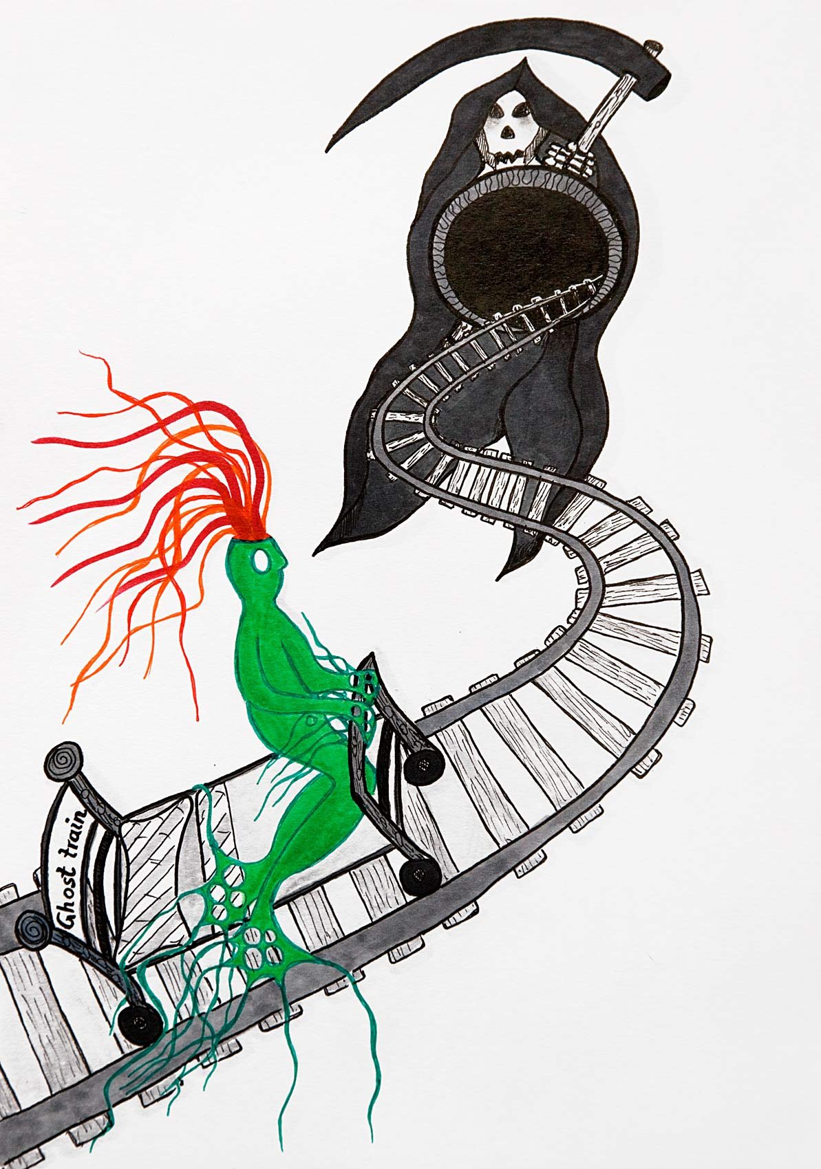 „A dark ride“. Fineliner und Marker auf Papier. 29,7 x 21 cm. 2021